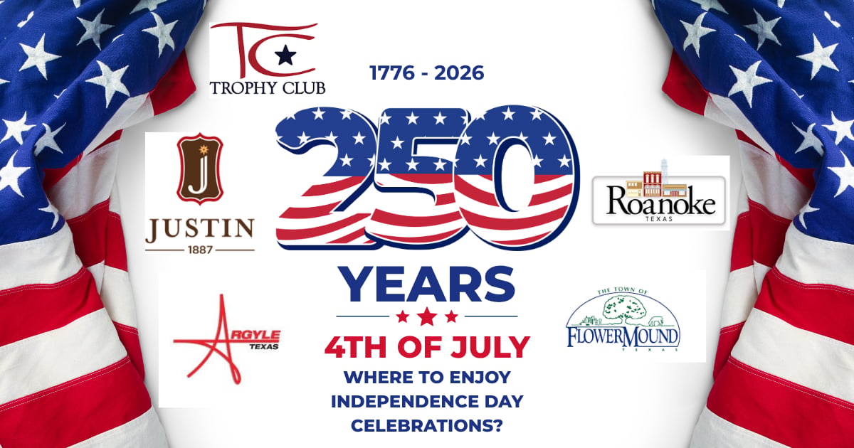 American flag graphic reading "250 Years, 4th of July" with city logos for Justin, Denton, Roanoke, Trophy Club, and Flower Mound, Texas, and the text "Where to enjoy Independence Day celebrations?"