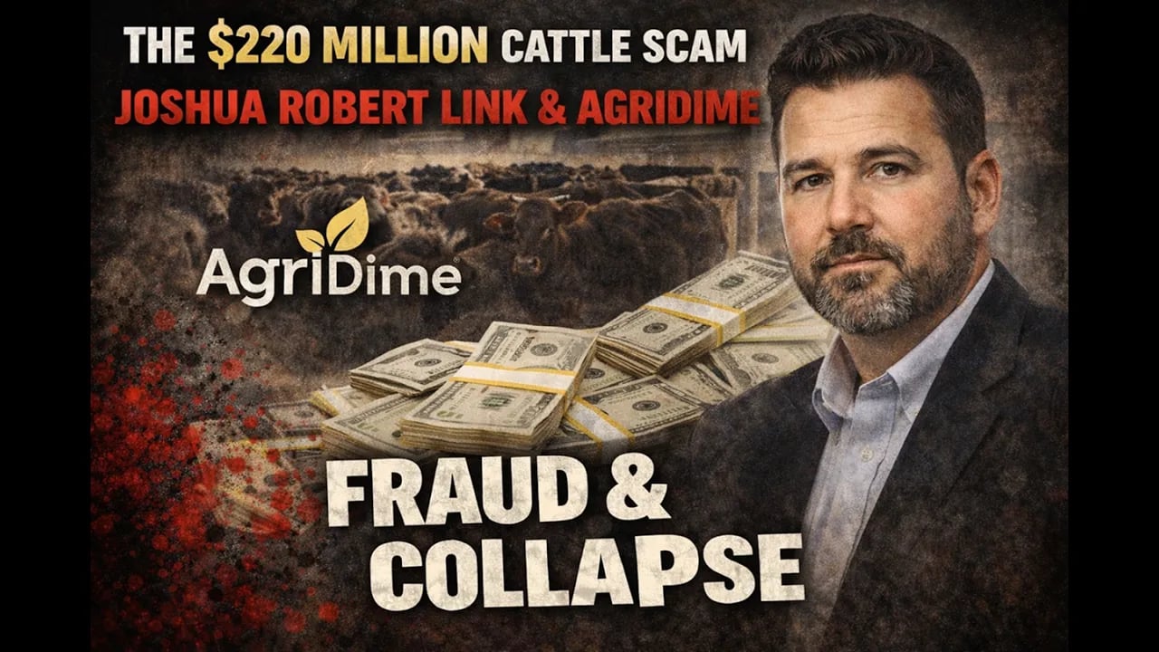 A promotional-style graphic showing a man in a suit beside stacks of cash, with a herd of cattle in the background. The image includes the text “The $220 Million Cattle Scam,” “Joshua Robert Link & AgriDime,” and “Fraud & Collapse,” suggesting a financial scandal involving a cattle investment scheme.