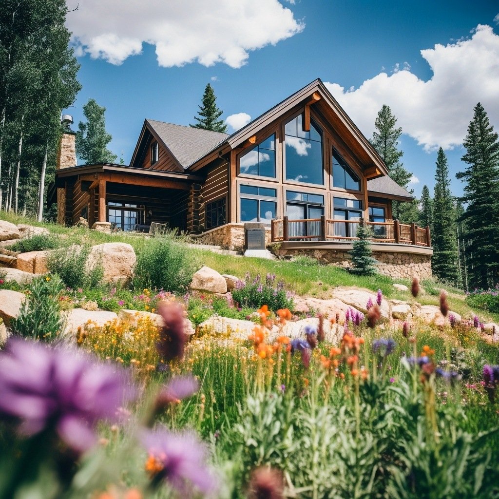 Rustic log home with a tall gabled facade and deck above a hillside of wildflowers.