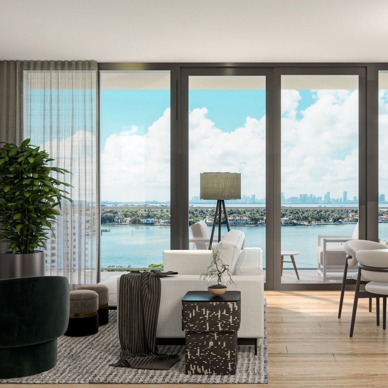 Rendering of a residence living room and balcony at Ella Miami Beach.