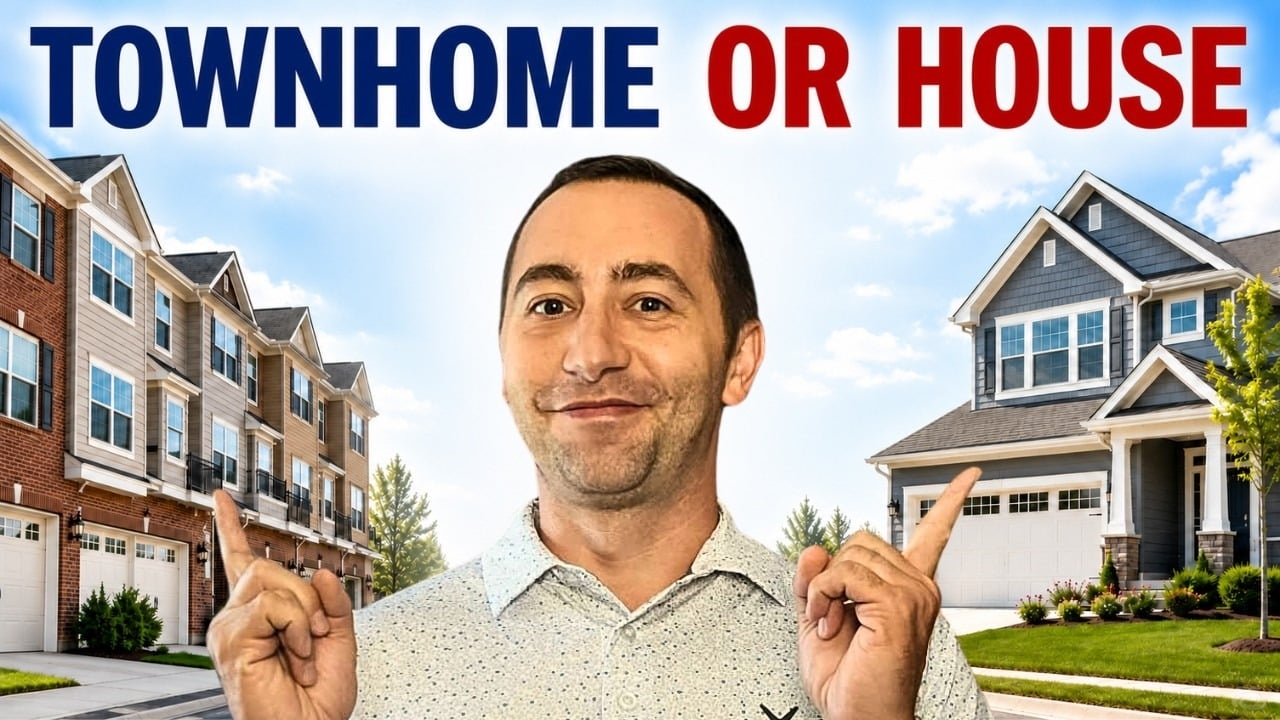 Townhome or house comparison graphic with a man pointing toward attached townhomes and a detached house.
