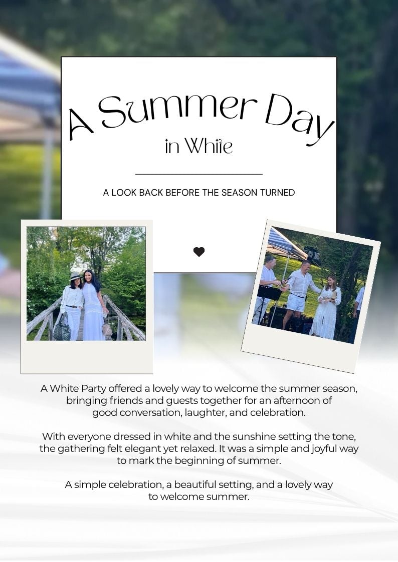 Summer white-party recap with two women on a wooded bridge and guests celebrating outdoors.