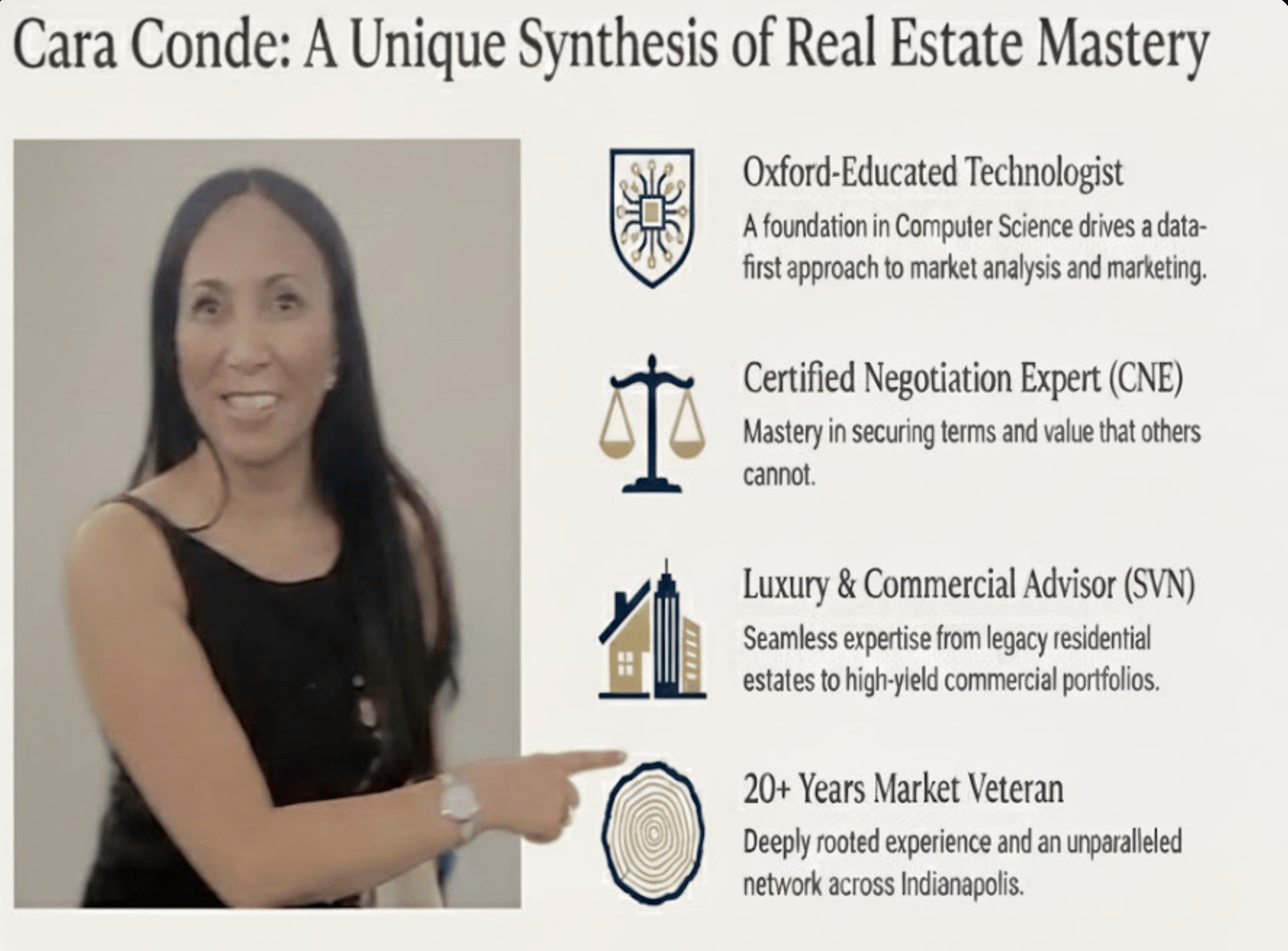 Cara Conde: A Unique Synthesis of Real Estate Mastery – Oxford-educated technologist with Computer Science degree, Certified Negotiation Expert (CNE), Luxury & Commercial Advisor at SVN Northern Commercial, 20+ years as Top 1% Indianapolis Realtor