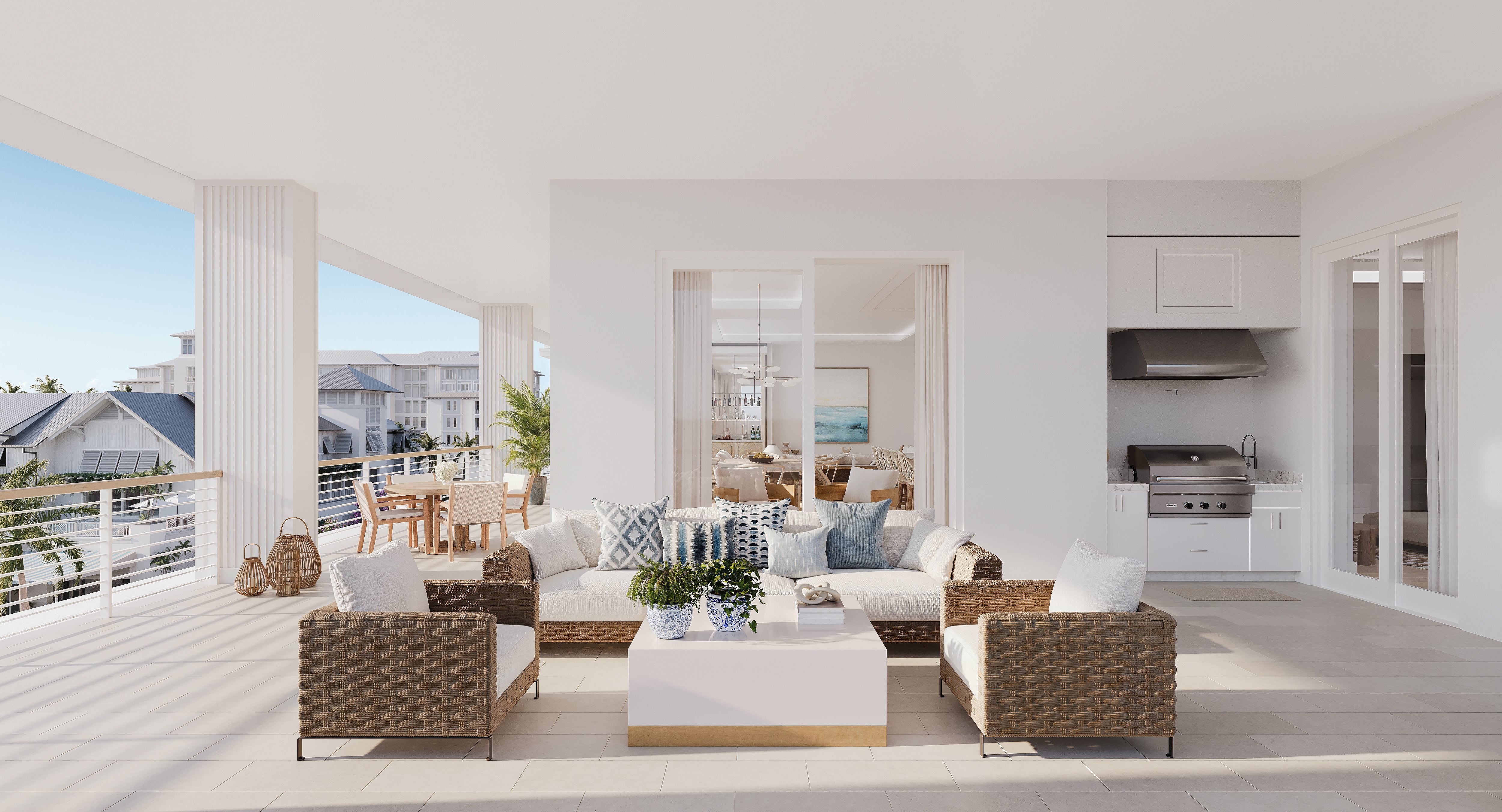 Rendering of a living room opening to a covered terrace at the Four Seasons Residences at Naples Beach Club