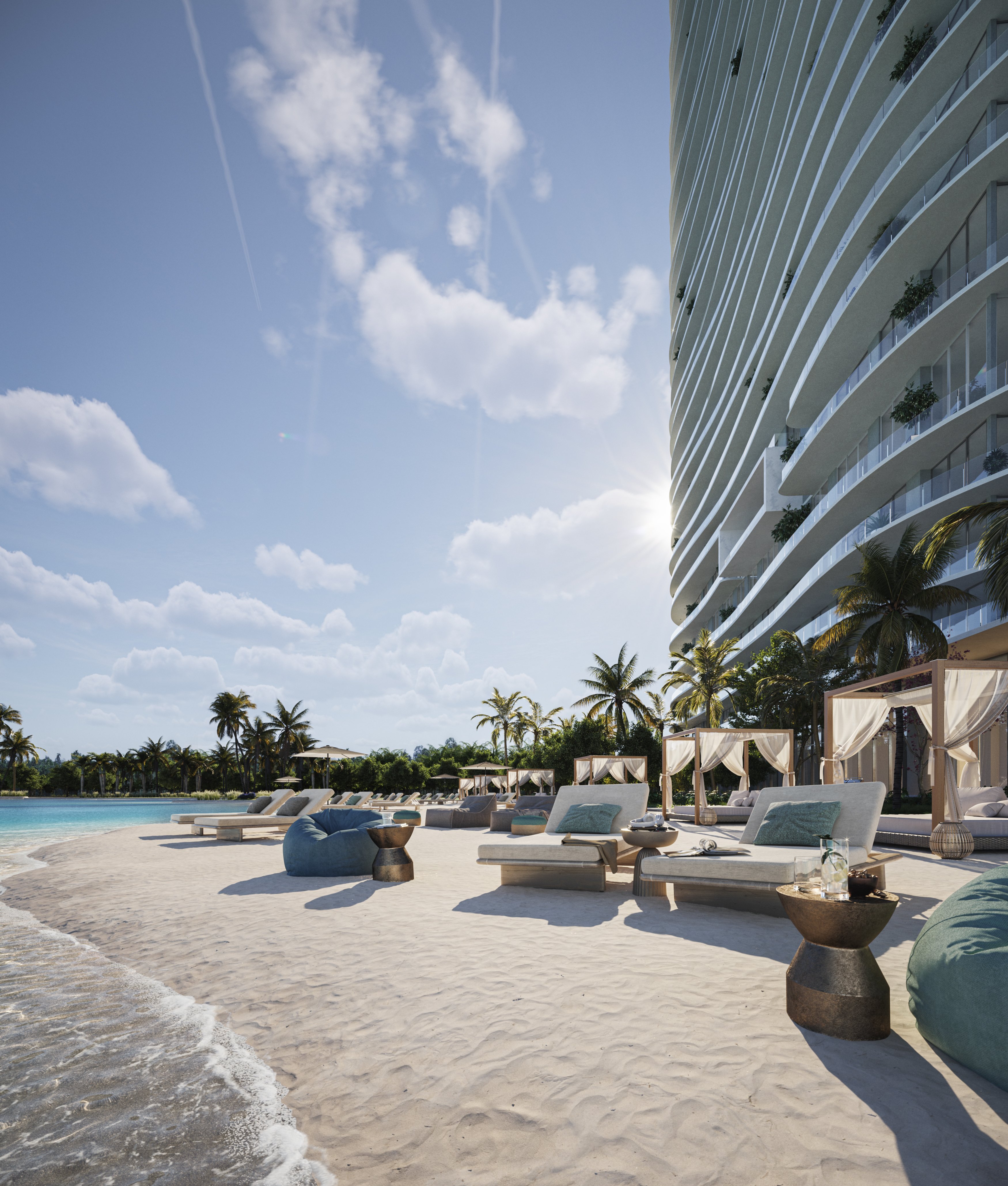 Rendering of the ONE Beach Club beside ONE Park Tower with cabanas, loungers and the turquoise Crystal Lagoon