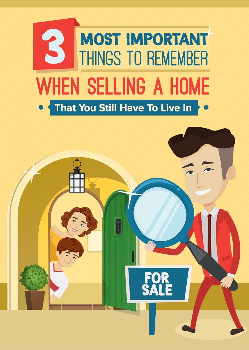Illustration about selling a home while living in it, with a family at the doorway and a man holding a magnifying glass.