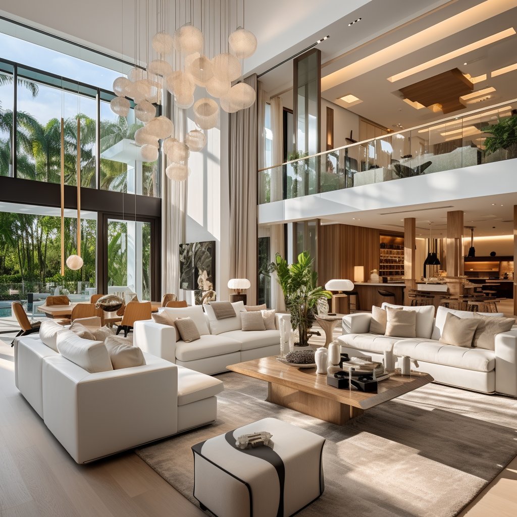 Double-height living room with white sectional sofas, a hanging chandelier, and floor-to-ceiling windows overlooking palms.