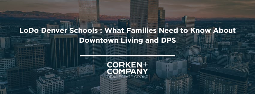 LoDo Denver schools guide over a dusk aerial view of downtown Denver.