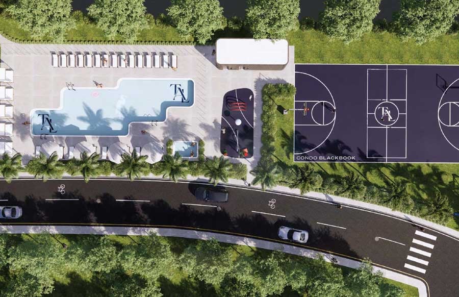 Aerial rendering of Tal Aventura’s pool and basketball court amid landscaped grounds.