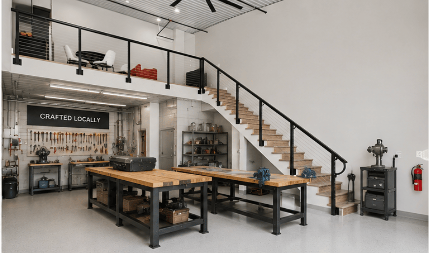Custom artisan workshop in a luxury Orono garage condo featuring heavy-duty workbenches, tool storage wall, and mezzanine seating area.