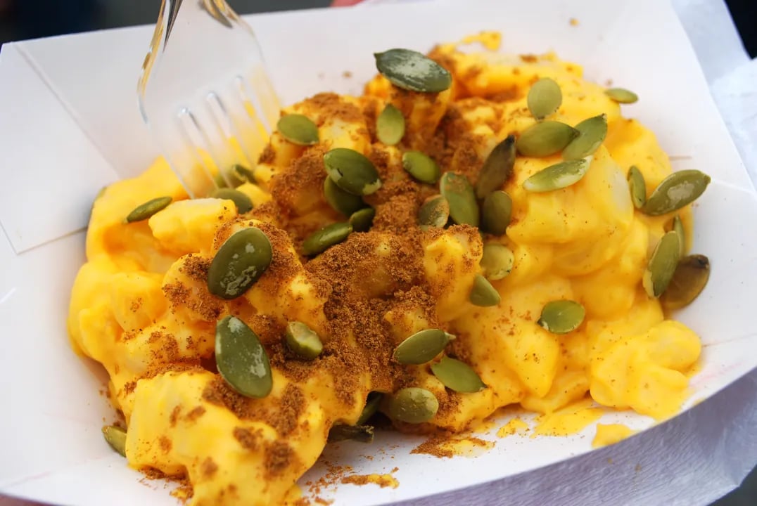 Pumpkin macaroni and cheese with golden-orange sauce topped with brown spice and green pumpkin seeds in white paper container with plastic fork