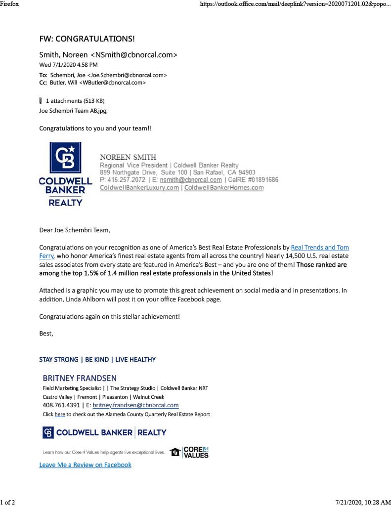 The email congratulates Joe Schembri on being recognized by Real Trends and Tom Ferry as one of America's Best Real Estate Professionals, ranking among the top 1.5% of 1.4 million real estate professionals in the United States. 