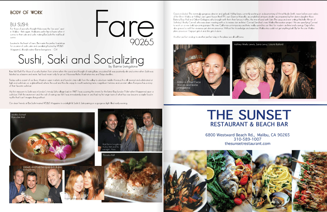 Fare 90265 magazine spread featuring a sushi article and a Sunset Restaurant & Beach Bar advertisement.