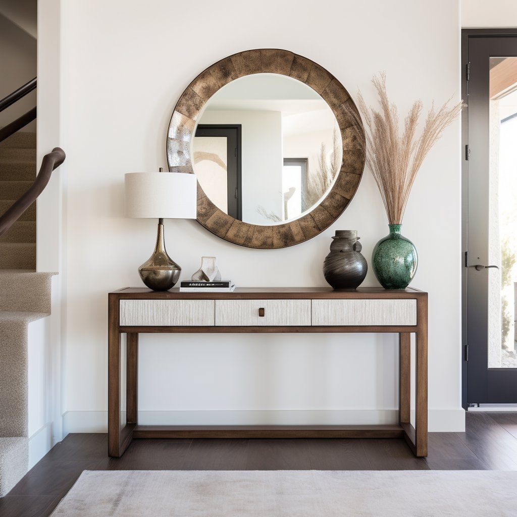 Staged entryway with a wood console table, round mirror, decorative vases, and a staircase beside the front door.