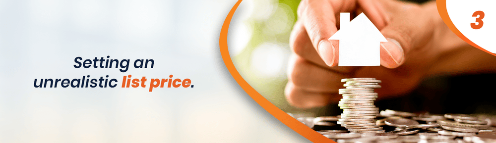Risky move 3: setting an unrealistic list price; a hand holds a house symbol above stacked coins.