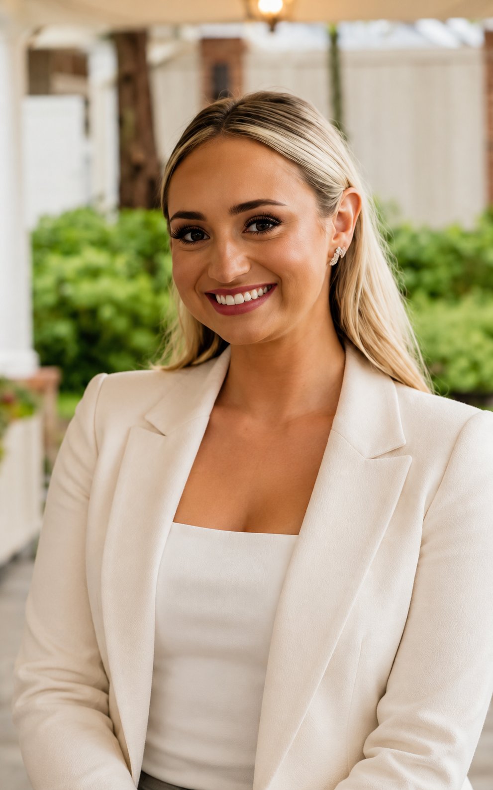 Megan Byrne smiling in a white blazer outdoors.