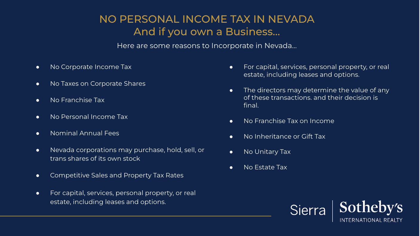 Infographic listing Nevada tax and business advantages, with Sierra Sotheby's International Realty branding.