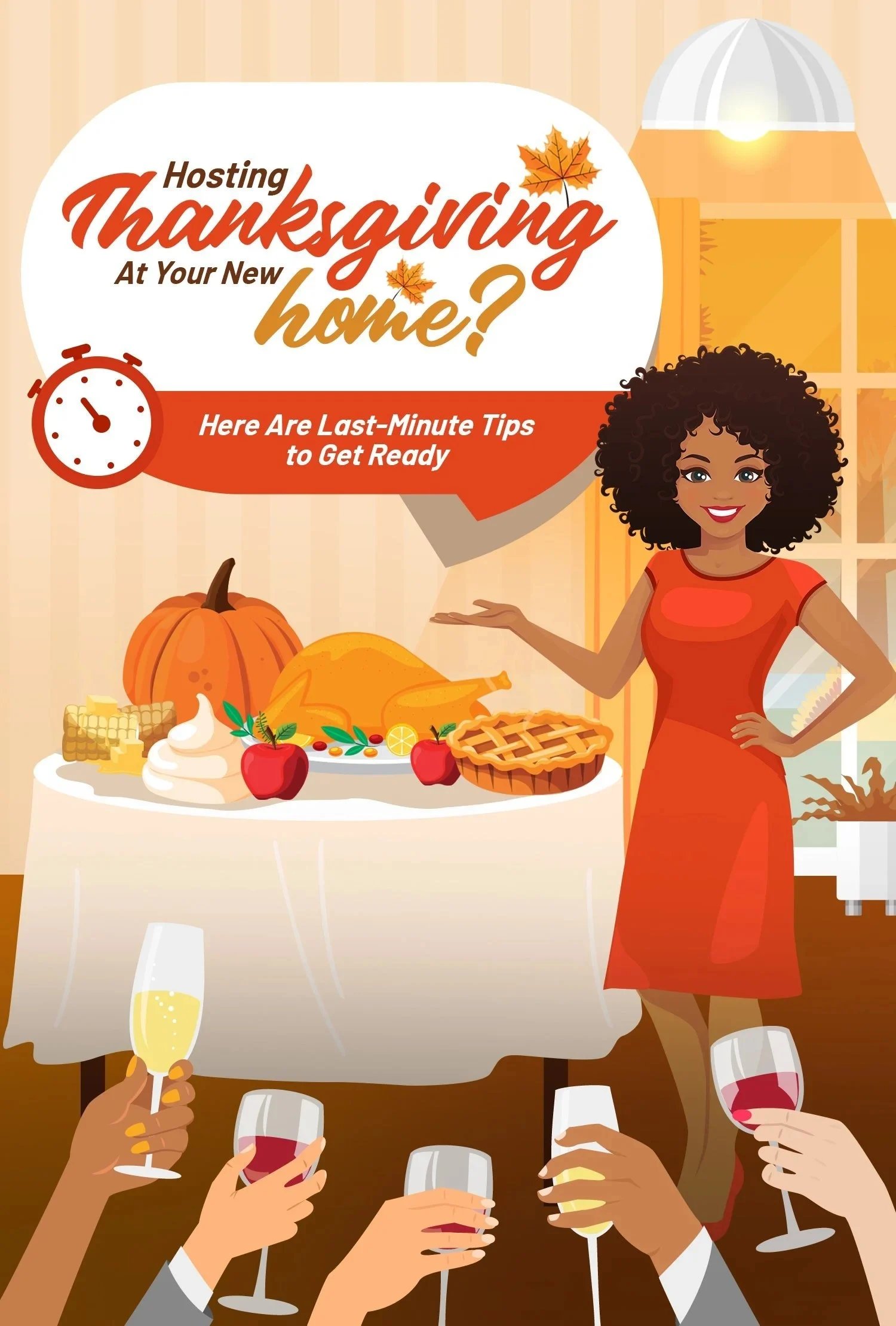 Thanksgiving hosting tips graphic with a woman presenting a holiday meal and guests raising glasses.