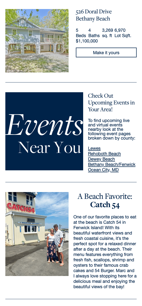 Beach Life newsletter featuring a Bethany Beach home listing, local events, and Catch 54 restaurant.