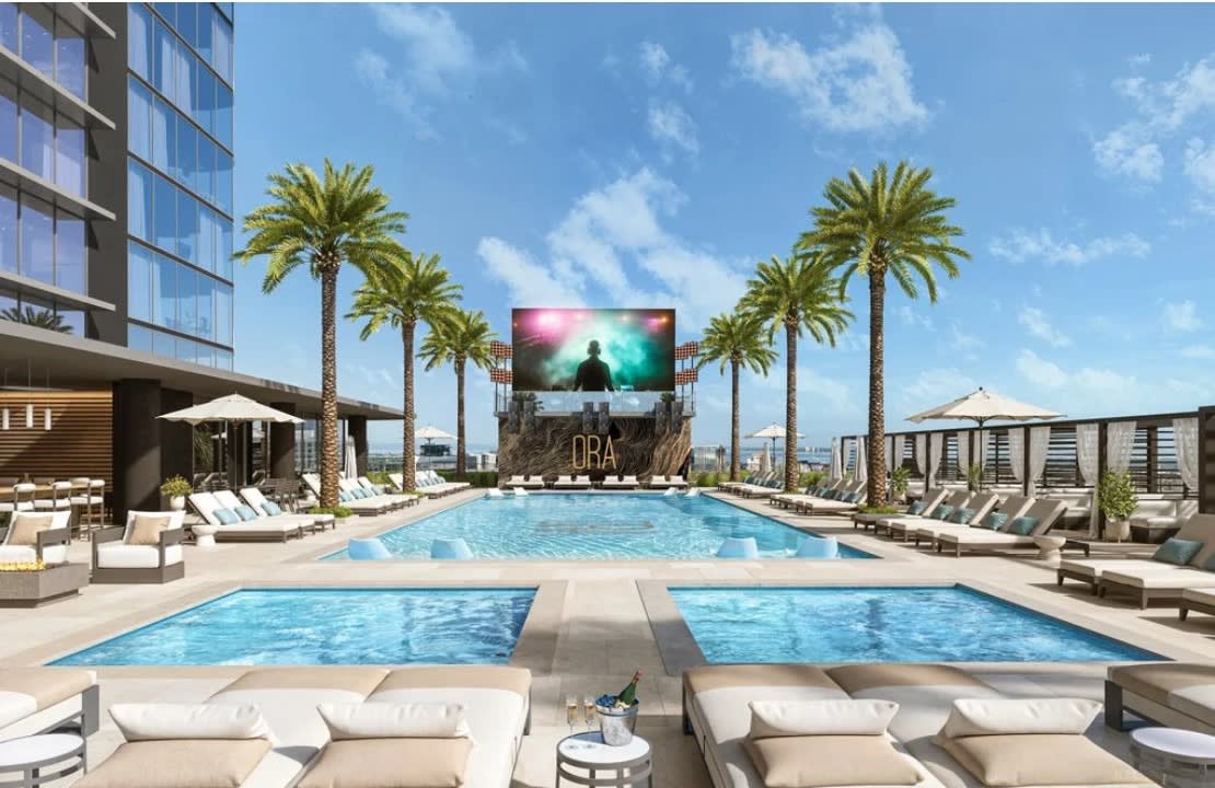 June 2024 - Ora Hotel and Residences, a new $600 million, 39-story condo-hotel, is being developed near Water Street Tampa. This luxurious property will feature amenities including a helicopter pad and a poolside club.