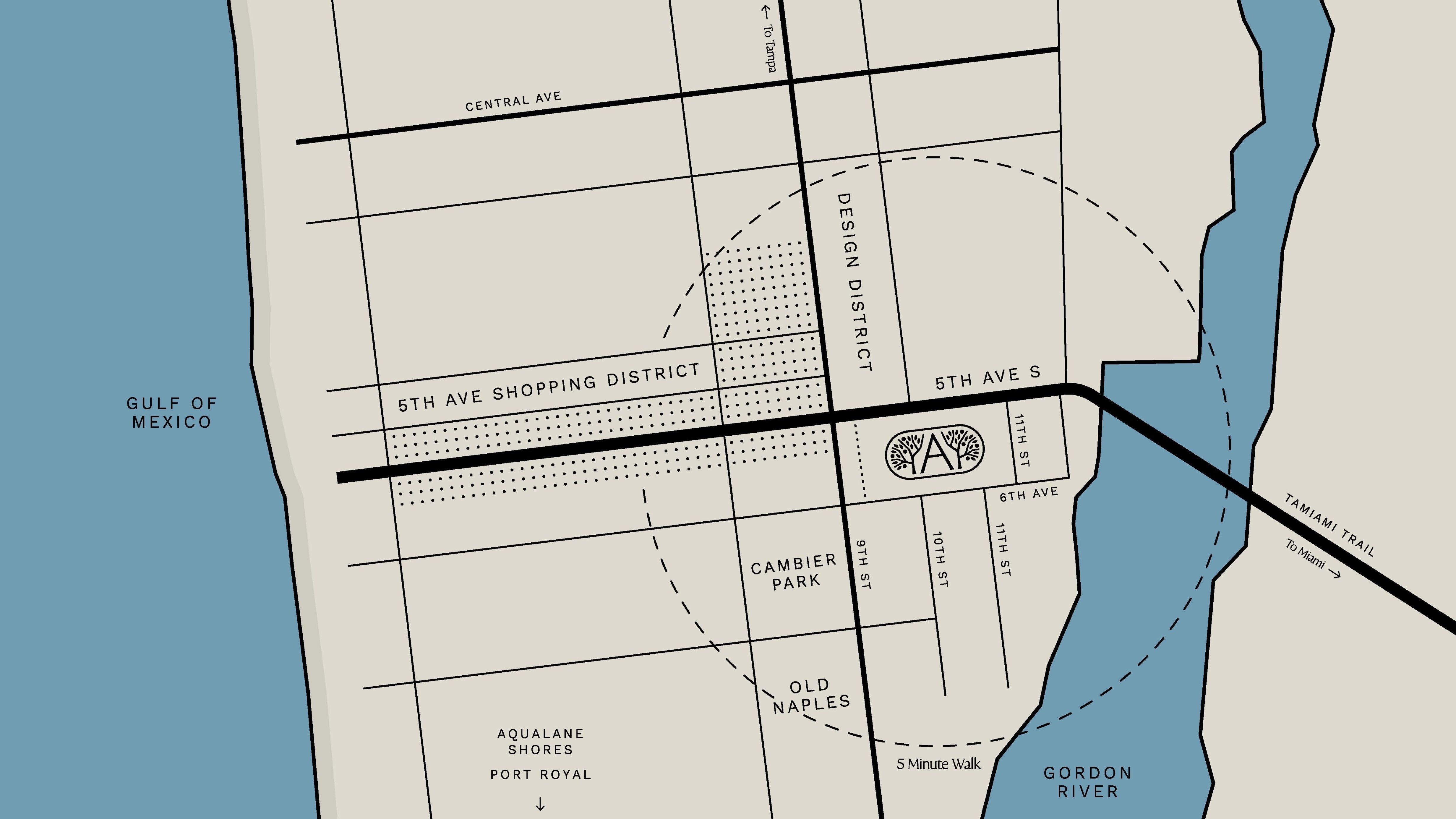 Map showing The Avenue on Fifth Avenue South near 11th Street in downtown Naples