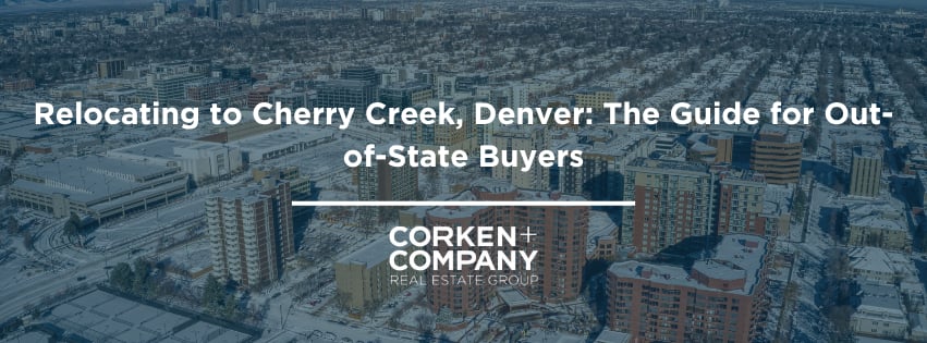 Aerial view of snow-covered Denver beneath a Cherry Creek relocation guide title and Corken + Company logo.