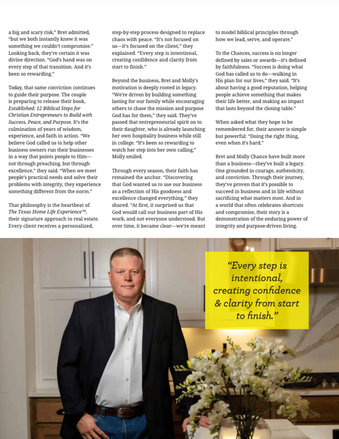 Bret Chance stands in a bright kitchen beside a yellow quote about intentionality and clarity.