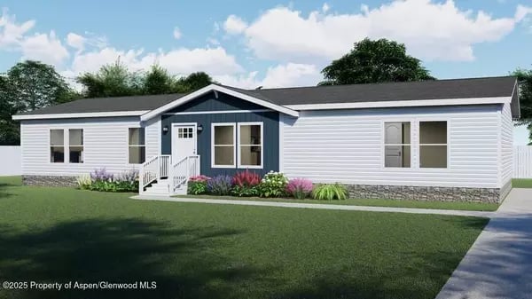 Single-story white-sided home with a blue entry gable, front porch, and green lawn.