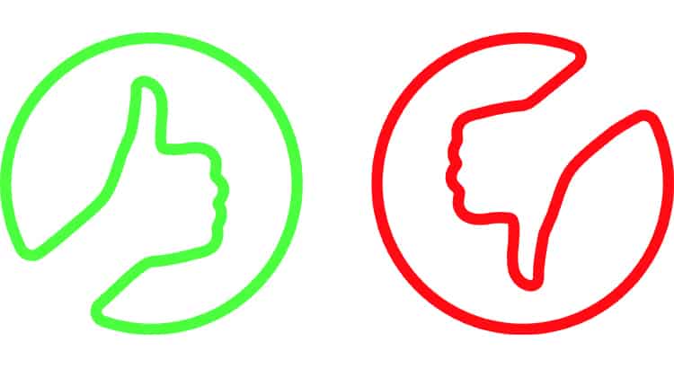 The image shows two hand symbols inside circles, outlined in bold lines. On the left, there is a green thumbs-up, representing approval, positivity, or agreement. On the right, there is a red thumbs-down, symbolizing disapproval, negativity, or disagreement.
