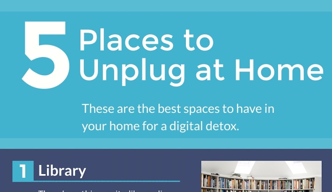 5 Places to Unplug at Home infographic, featuring a library as the first space for a digital detox.