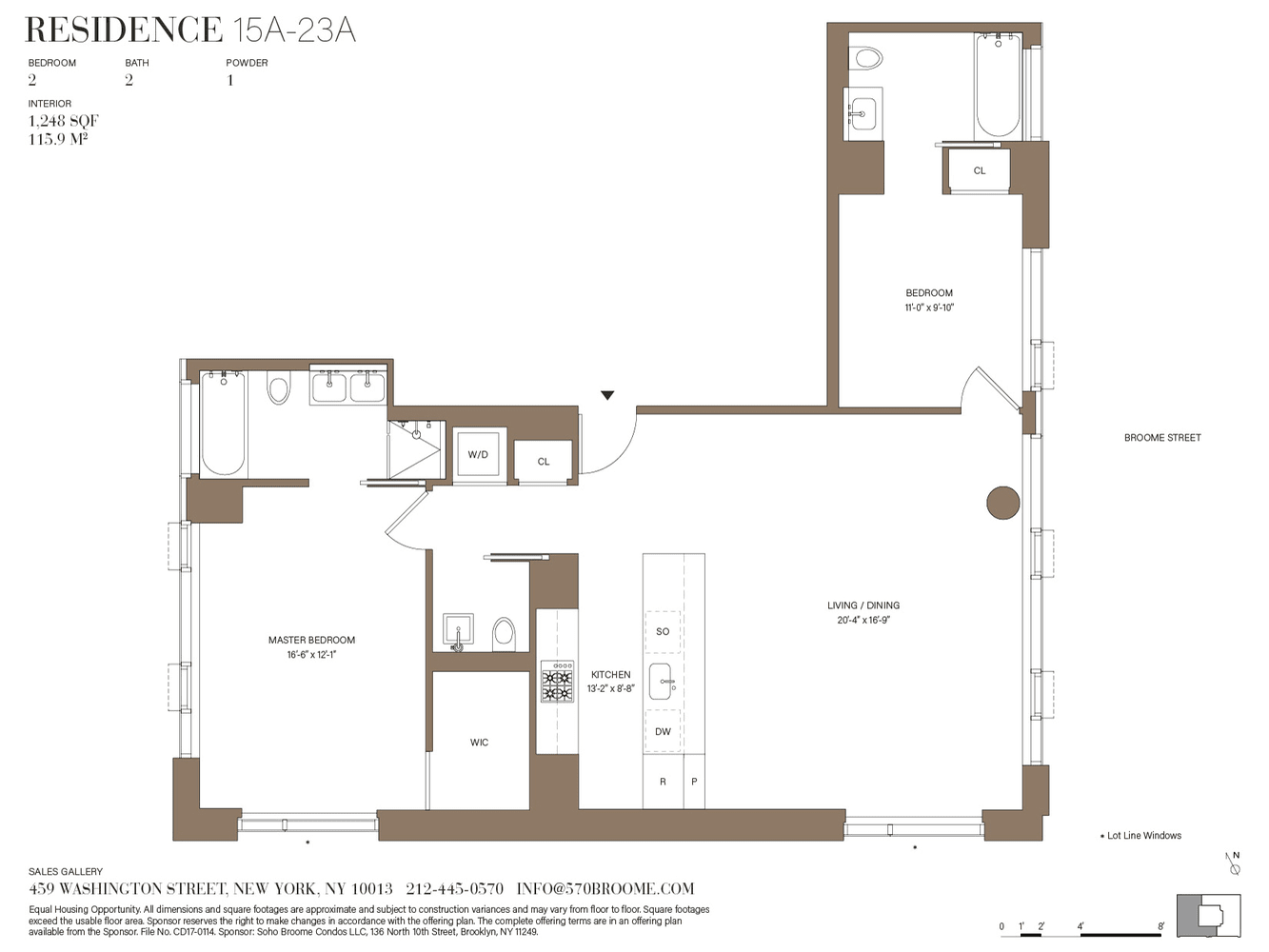 Floor plan for Residence 15A-23A, a two-bedroom, two-bath layout with a powder room and open living and dining area.