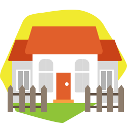 Illustrated white house with an orange door, bright roof, green lawn, and picket fences.