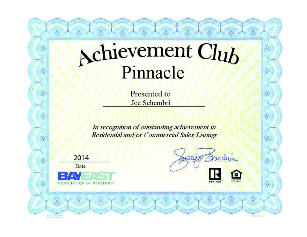  A light blue certificate with a decorative border, titled "Achievement Club Pinnacle." It is presented to "Joe Schembri" in recognition of outstanding achievement in Residential and/or Commercial Sales/Listings. 