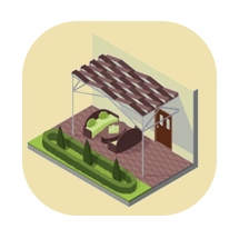 Illustrated patio with pergola, seating, and greenery.