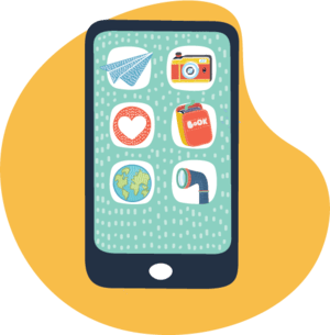 Smartphone displaying colorful app icons, including a paper airplane, camera, heart, globe, and cup.