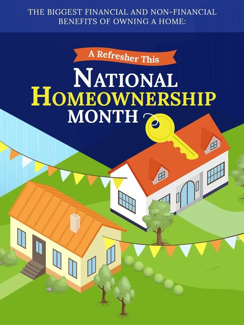 National Homeownership Month refresher graphic with two illustrated homes and a large yellow key.