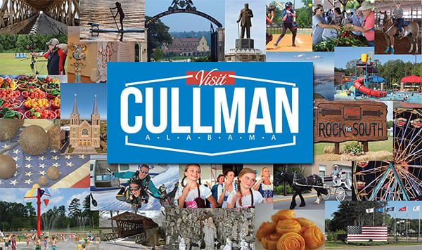 Collage of attractions with 'Visit Cullman Alabama' in bold text centered.