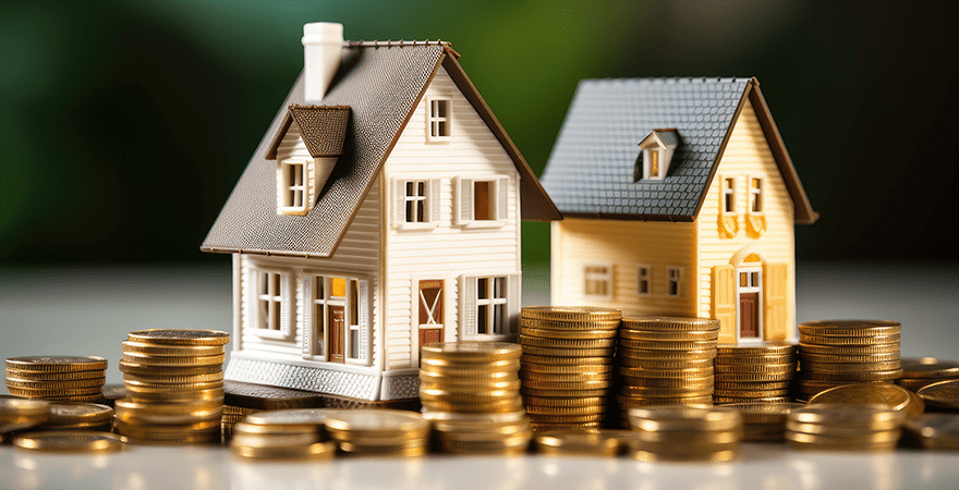 Two model houses surrounded by stacks of coins.