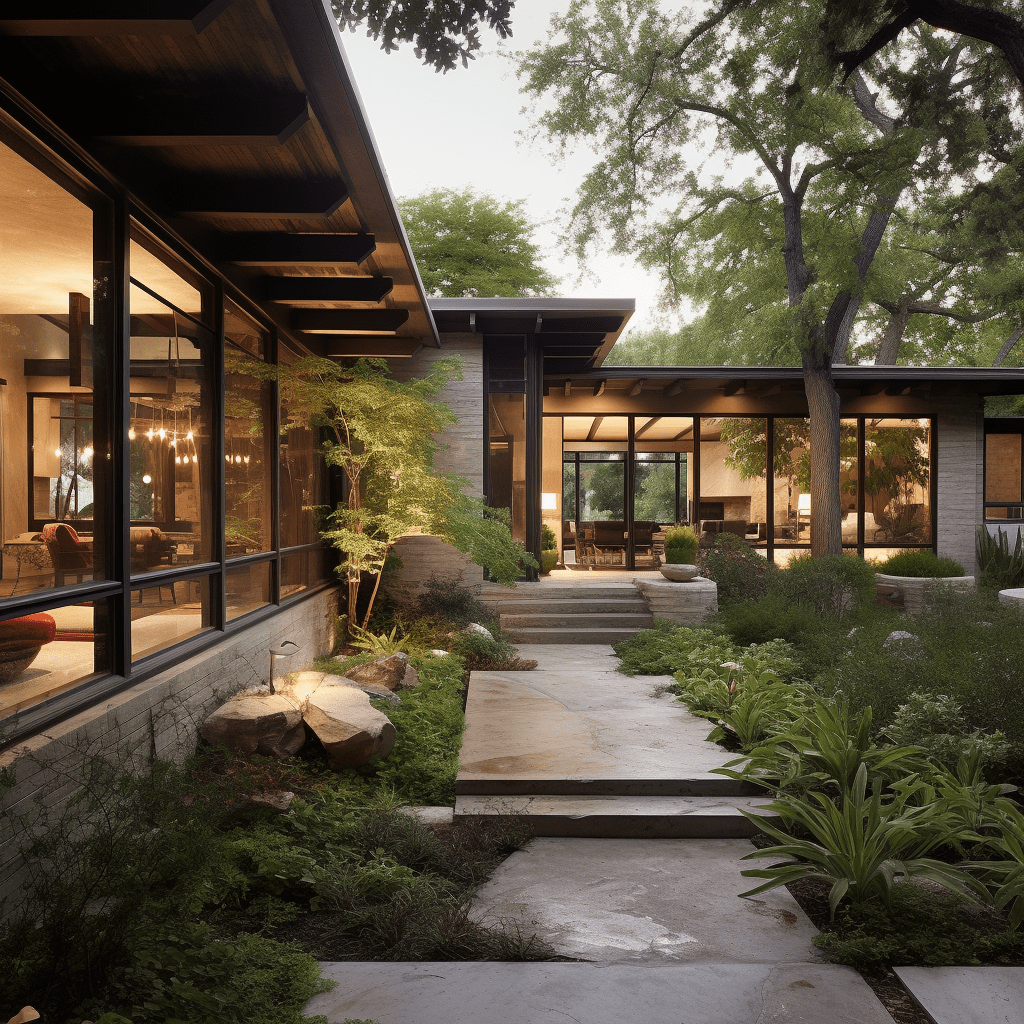 A modern house with a stone and wood exterior.