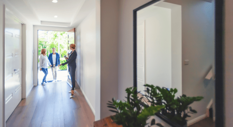 The hallway features sleek, light-colored walls and flooring, with a large mirror and green plants adding to the contemporary aesthetic.