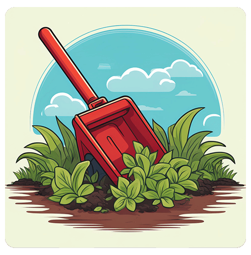Red garden shovel among leafy plants in soil beneath a blue, cloudy sky