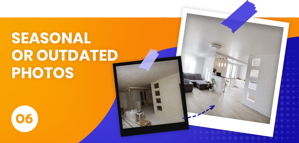 Seasonal or outdated photos: a dated interior contrasted with a bright, updated open-plan living room and kitchen.