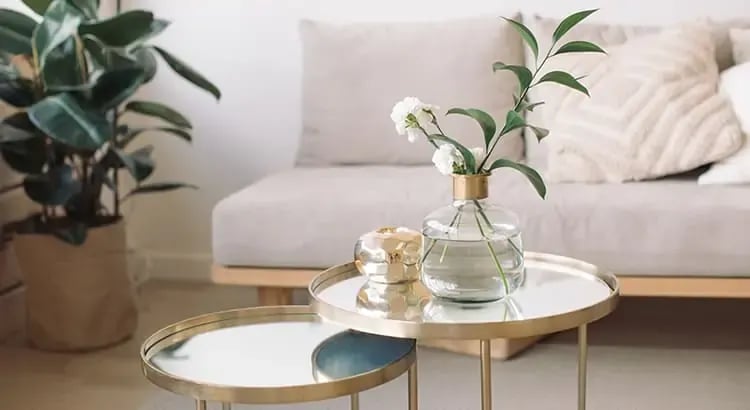 A close-up shot of a stylish, round coffee table with decorative items like a vase with flowers and a glass water bottle. The background includes a sofa and indoor plants.