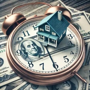 House on an alarm clock surrounded by dollar bills.