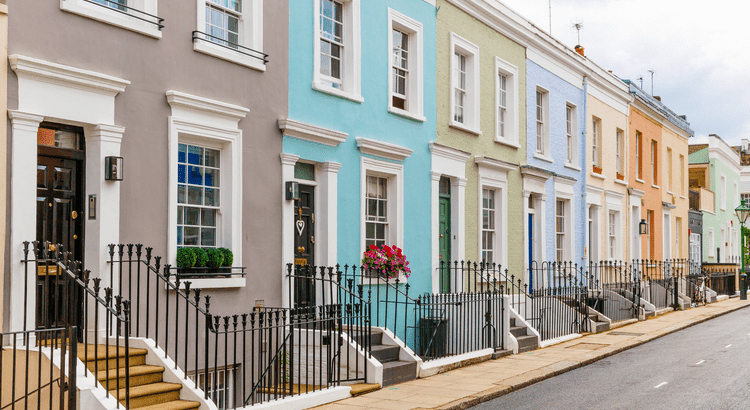 street of colorful row homes