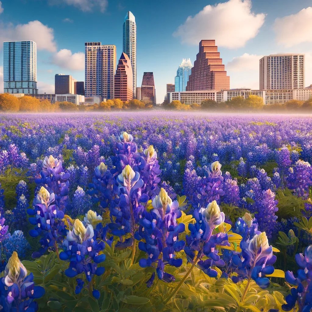 A field of bluebonnets with the city of Austin, TX in the background