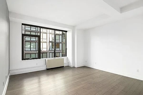 Empty room with wide-plank flooring, a large black-framed window, and a radiator beneath it.