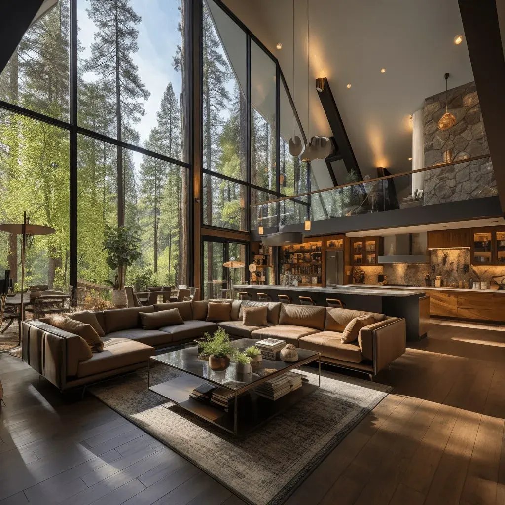 A living room with floor-to-ceiling windows overlooking a forest, with a leather sofa, a glass table, and a kitchen island.