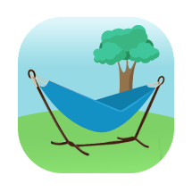 Blue hammock suspended between two trees in a green outdoor setting.