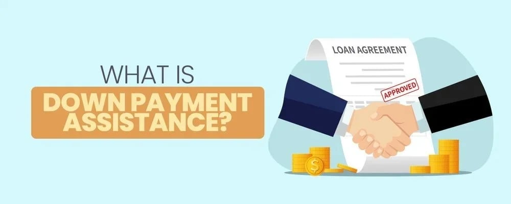 Down payment assistance illustration with an approved loan agreement, handshake, and stacks of coins.